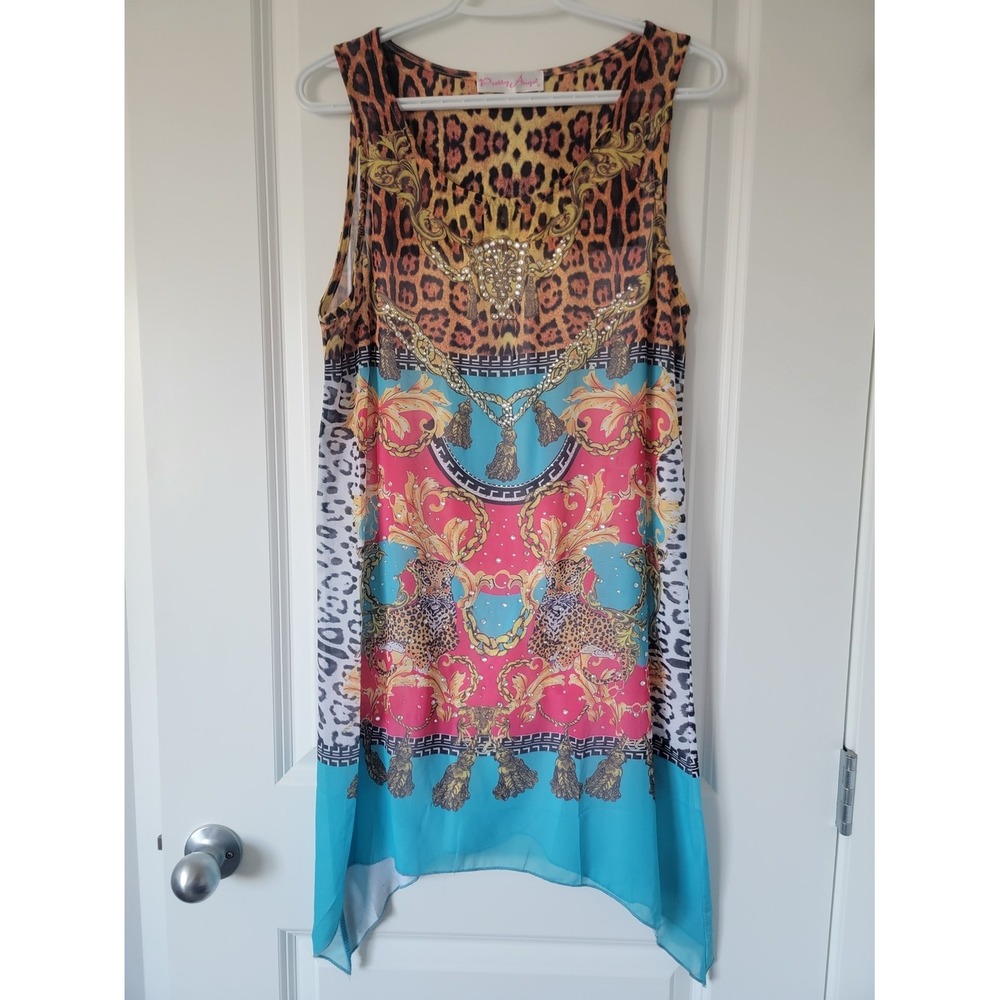 Pretty Angel Tropical Leopard Print Baroque Silk Dress - Teal, Pink & Brown